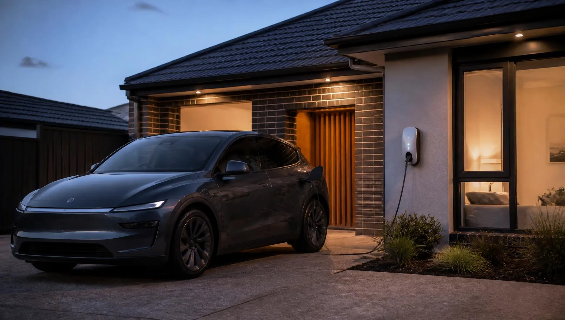 Electric SUV charging from a wall-mounted home charger in the driveway of an Australian home at dusk
