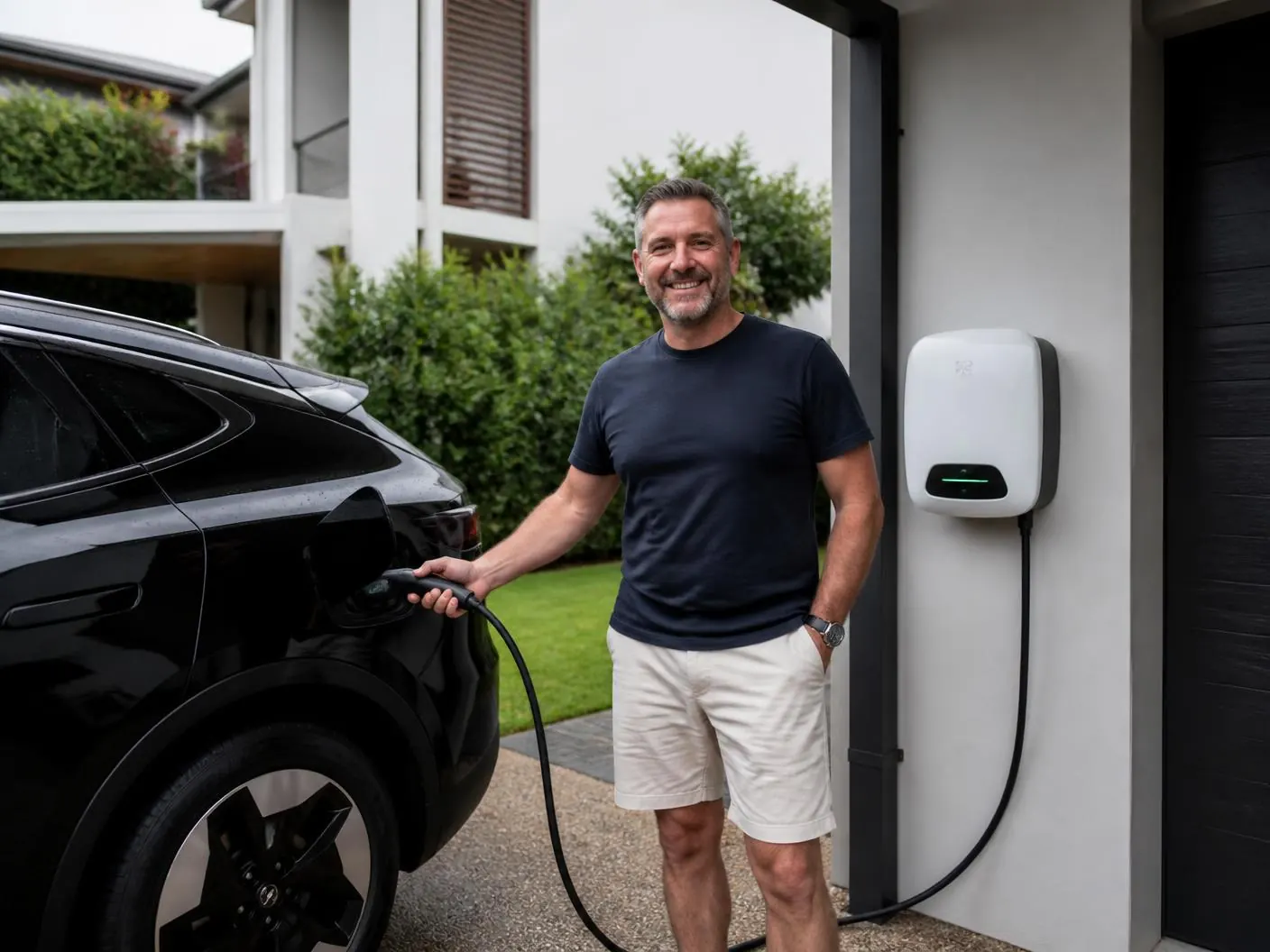 Brisbane homeowner plugging in their electric car beside a newly installed home charger