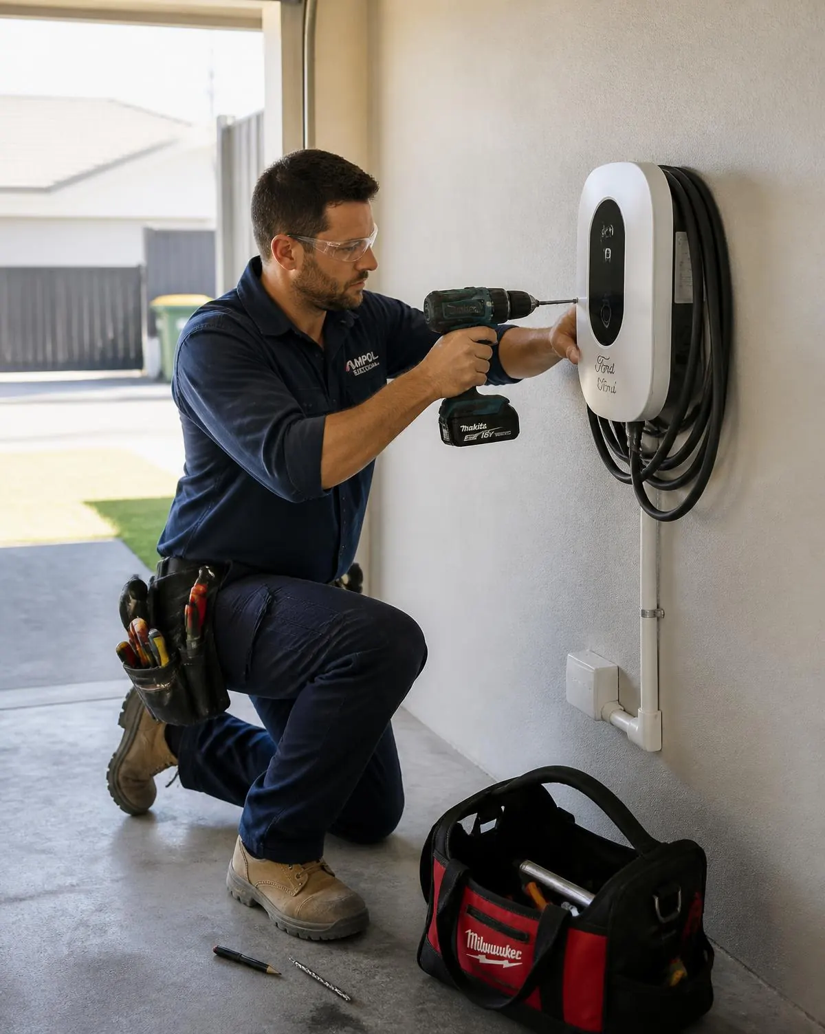 Licensed Brisbane electrician mounting a wall EV charger in a modern Australian garage