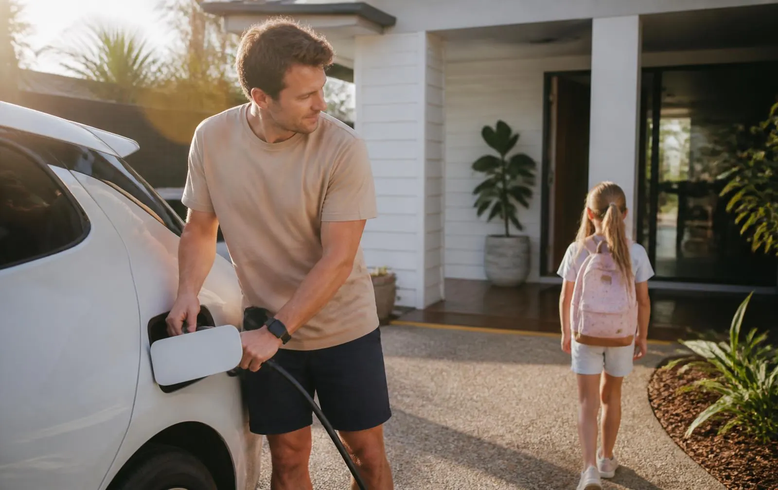 Family arriving home in the afternoon and plugging in their electric car in Brisbane